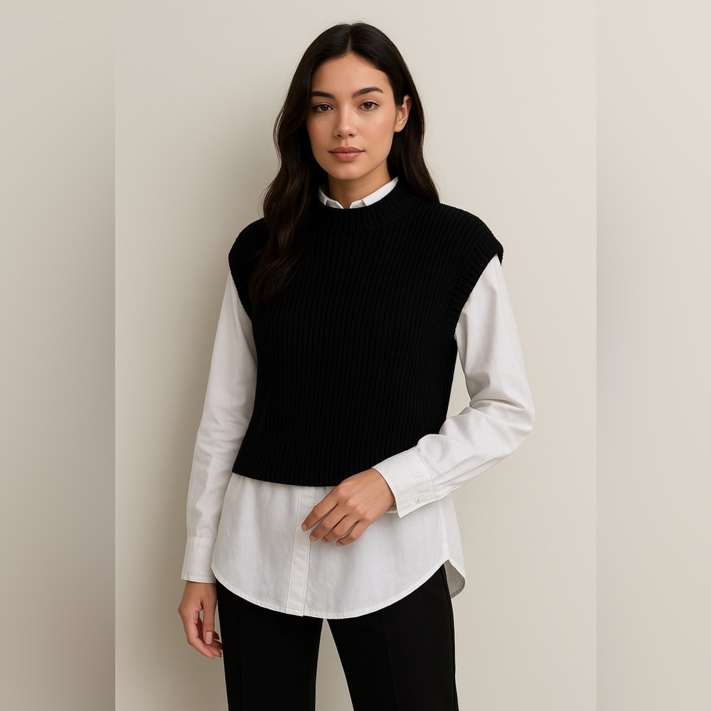 Calvin Klein black sweater vest layered over white long-sleeve button-down shirt